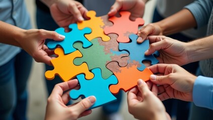 A group of people are holding a jigsaw puzzle together. The puzzle is colorful and has a unique design. The people are working together to complete the puzzle, which could symbolize teamwork