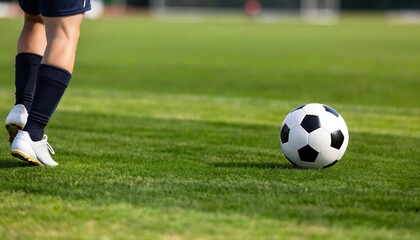 Fototapeta premium A macro close-up of a soccer ball mid-air with a player's foot following through the motion, captured at an eye-level angle.