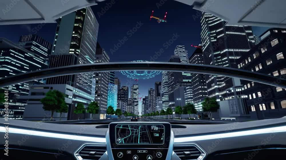 Aufkleber Exploring a futuristic city environment with advanced vehicle technology at night
