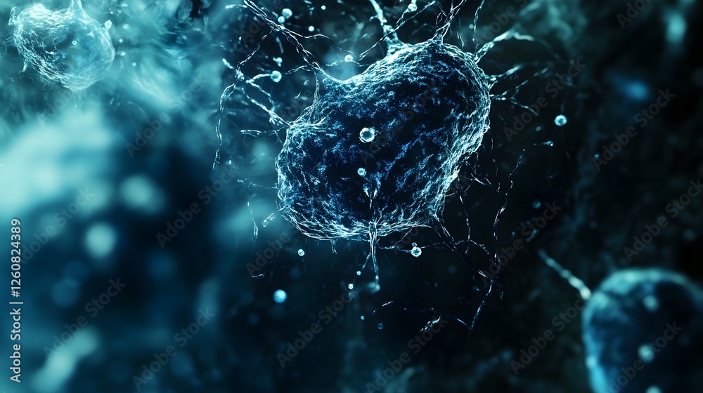 Poster Detailed microscopic view of an intricate neural network with interconnected neurons and synapses forming a complex digital abstract pattern