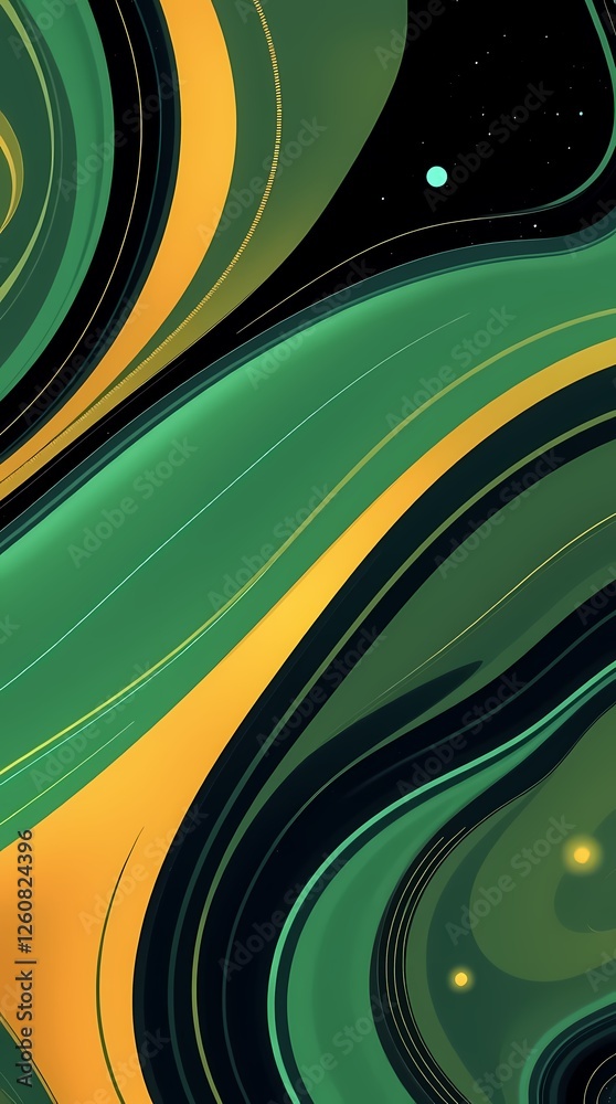 Poster swirling patterns of green and gold create a vibrant abstract design with flowing textures. generati