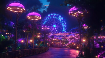 Nighttime amusement park with futuristic lights, illuminated plants, and a Ferris wheel