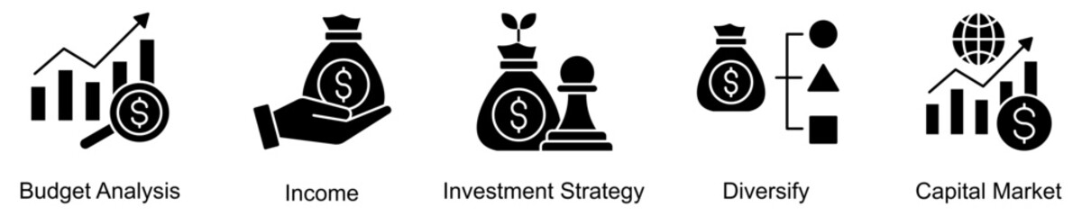 Capital Growth Icon Set Isolated Vector With Icon Of Budget Analysis, Income, Investment Strategy, Diversify, Capital Market