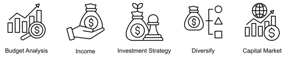 Capital Growth Icon Set Isolated Vector With Icon Of Budget Analysis, Income, Investment Strategy, Diversify, Capital Market