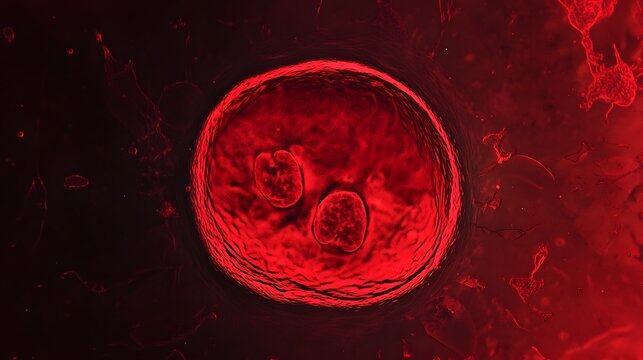 Detailed microscopic view of early stage embryo cells or zygote with vibrant red backdrop representing the fascinating world of biology medical research genetic science