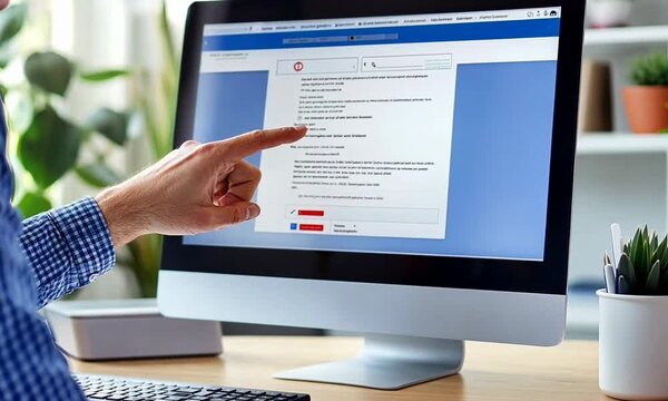 Person interacting with a computer screen displaying a questionnaire in a modern office setting