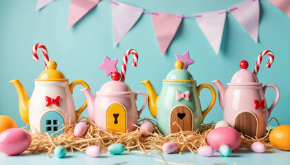 Obraz premium Whimsical Easter tea party with colorful teapot houses, festive celebration