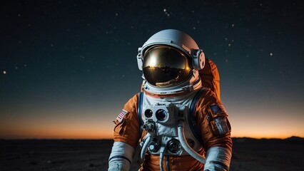 Astronaut Exploring Alien Landscape During Twilight on Another Planet Under a Star-Filled Sky