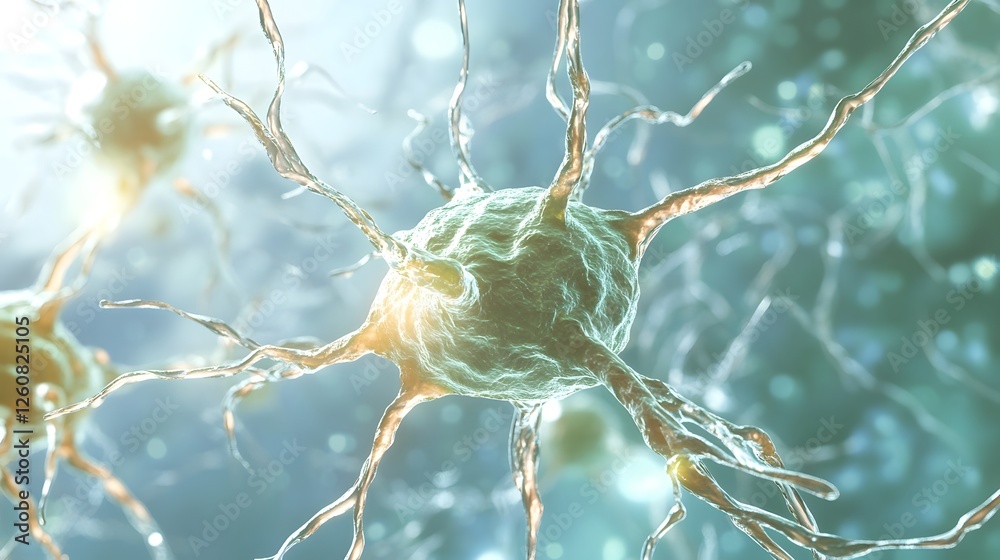 Poster Detailed view of a glowing neuron cell structure with complex branching patterns in an abstract digital microscopic anatomy scene  Representing the complex neural network and neurological system