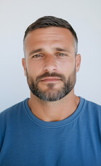 Fototapeta premium Confident Gaze: A close-up portrait of a man with a strong, determined gaze and a neatly trimmed beard, exuding confidence and a sense of purpose. His blue shirt complements his natural complexion.