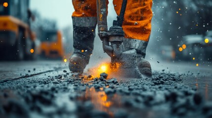 Construction worker breaking asphalt with jackhammer, creating sparks and dust