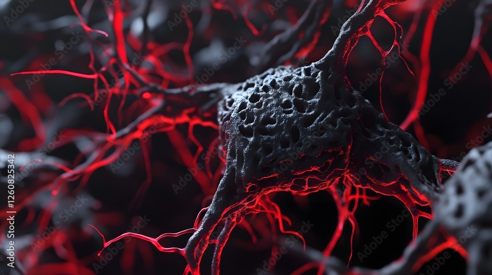 Poster Dramatic and intense abstract microscopic view of a complex organic blood cell structure or biological network against a dark moody and powerful digital background