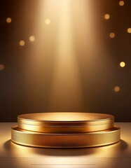 Golden Pedestal in Spotlight: A  gold, circular podium stands in the spotlight, illuminated by a warm, soft light against a dark background.