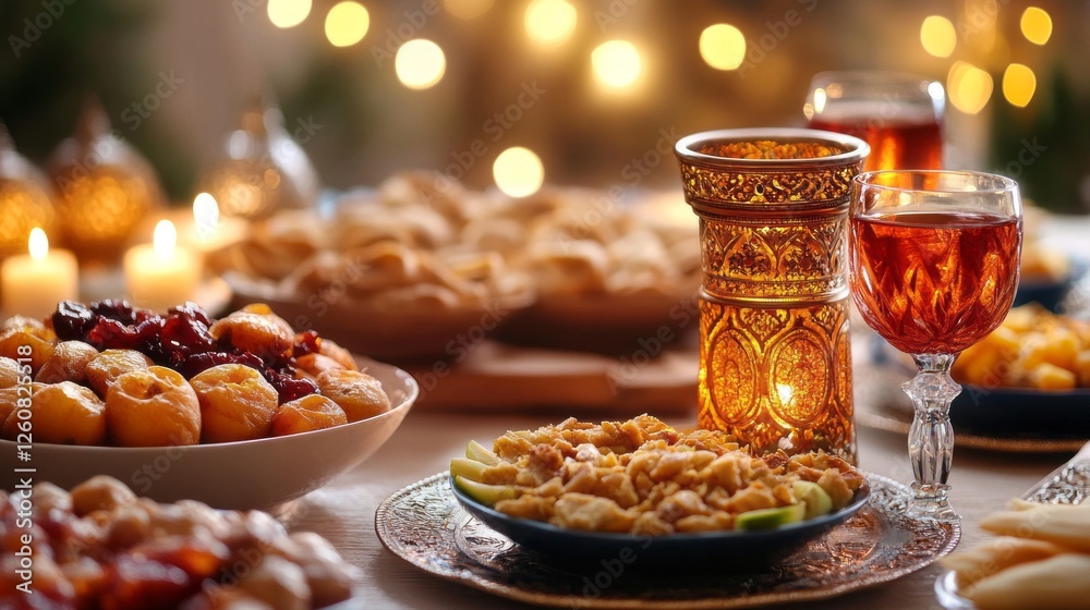 Poster a beautifully set table brimming with delicious dishes awaits guests during an iftar gathering, with