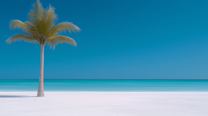 Obraz premium Idyllic tropical scenery, white sand, blue sea, palm tree, summer getaway, travel, vacation vibes, peaceful nature, empty space for design or text.