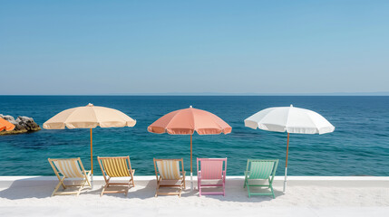 Scenic ocean view with beach chairs under umbrellas. Peaceful summer travel destination for a perfect vacation by the sea.