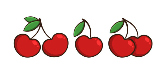Cherry vector flat illustration. Collection of red berries with green leaves on white background.