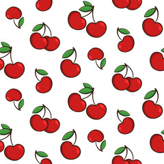 Cherry vector seamless pattern. Red berries with green leaves on white background.