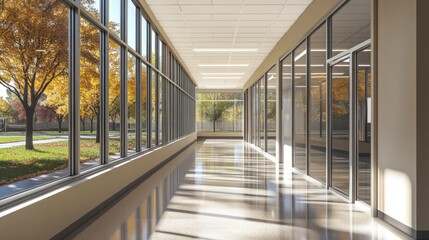 Obraz premium Hallway with many windows and clock