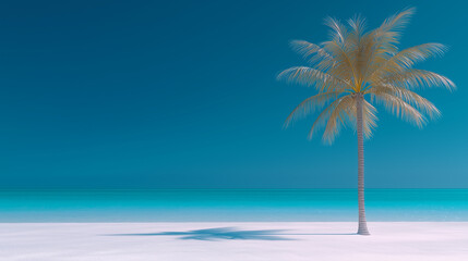 Fototapeta premium Tropical beach with palm trees, ocean, blue sky, summer vacation, travel destination, paradise, leisure, relaxation, nature, blank space for text.