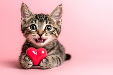 Cute bengal feline infant cub with critter toy red heart - emblem of love, funny greeting card. Promotion idea. Bengal - my cherished cat. Adorable kitten. Valentine's love animal wallpaper.