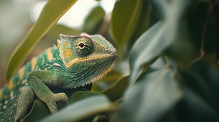 Obraz premium Chameleon Blending into Its Environment: A Detailed Close-Up Highlighting Reptile Adaptability and Camouflage, Perfect for Educational or Wildlife Awareness
