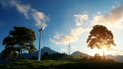 Wind Turbines on Rolling Green Hills under Bright Blue Sky during Sunset