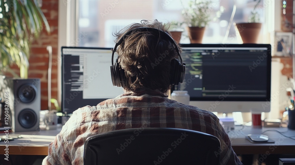 Wall mural focused developer working at home on computer with dual monitor setup