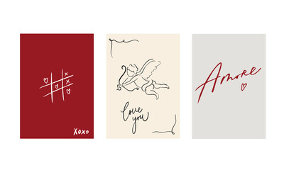Set of three vector posters for Valentine's Day. With cute, flirty illustrations in doodle style and calligraphic inscriptions and phrases. Lettering. Pink, gray, red