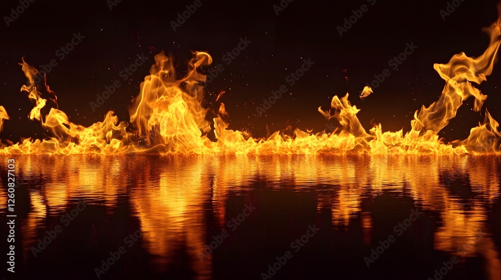 Poster dramatic scene of a raging blaze of intense fiery flames reflecting in the calm surface of a body of