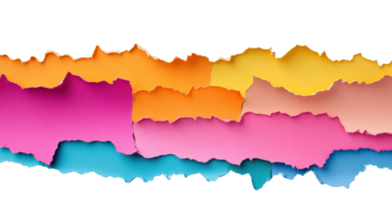 Colorful ripped paper strips creating a vibrant border on transparent background