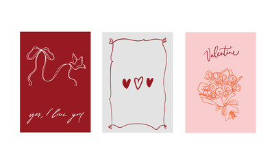 Set of three vector posters for Valentine's Day. With cute, flirty illustrations in doodle style and calligraphic inscriptions and phrases. Lettering. Pink, gray, red