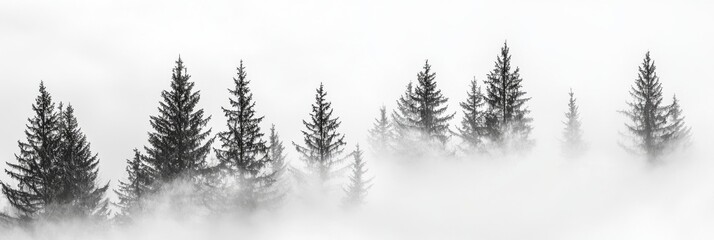 Nature's unique beauty and minimalism create an enchanting atmosphere with a serene silhouette of tall pine trees surrounded by a gentle mist.