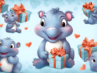 Naklejka premium Cute Hippo with Hearts and Gift Boxes Seamless Pattern