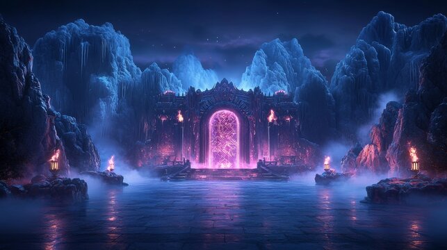 Ancient dwarven vault entrance illuminated by runic glow in mystical mountain setting at night