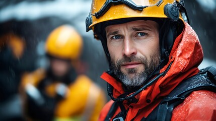 Fototapeta premium Determined rescue worker in snowy conditions