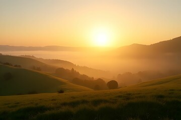 Obraz premium Sunrise shining over the mountains and hills