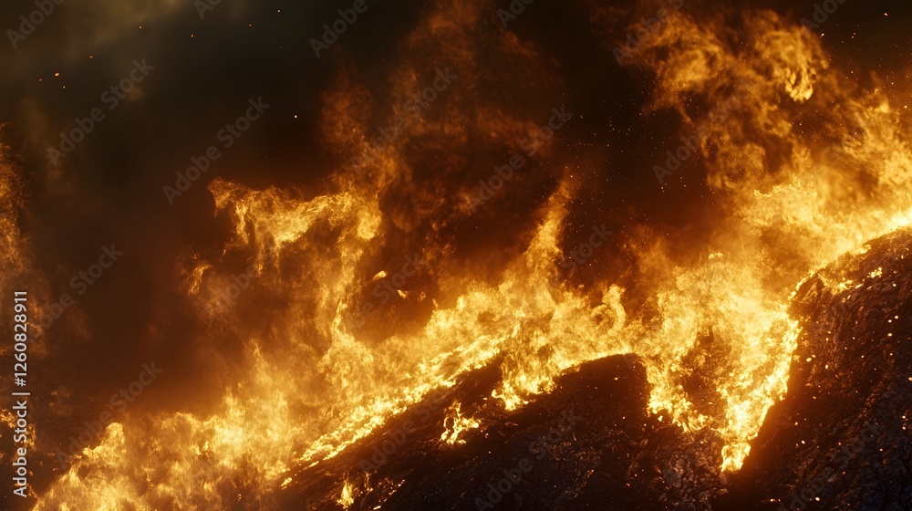Poster dramatic scene of an intense fiery explosion with raging flames billowing smoke and scattered sparks