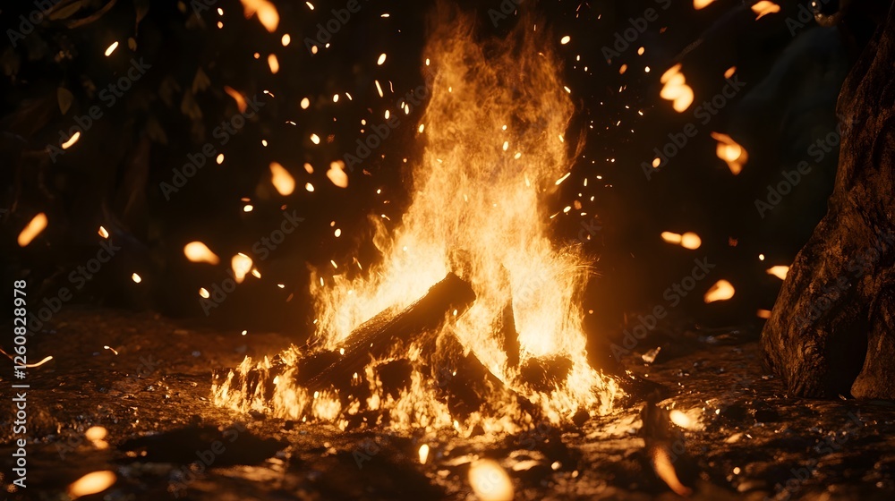 Aufkleber dramatic scene of an intense fiery blaze with crackling flames bright glowing embers and sparks erup