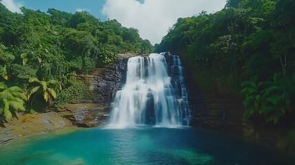 Fototapeta premium Lush Tropical Waterfall Plunges into Turquoise Pool