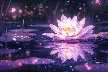 A purple lotus flower glowing over a dark water