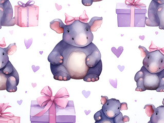 Obraz premium Cute Hippo with Hearts and Gift Boxes Seamless Pattern