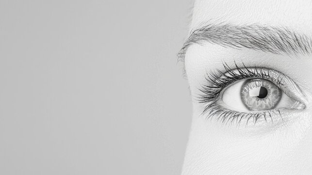 Close-up grayscale eye, human eye, beauty, portrait, soft light, studio shot,  high resolution,  detail