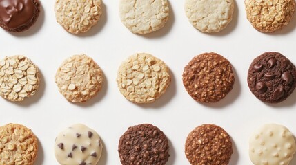 A close-up of a variety of cookies, including chocolate chip, oatmeal, and sugar, with no people present, all placed on a white background.