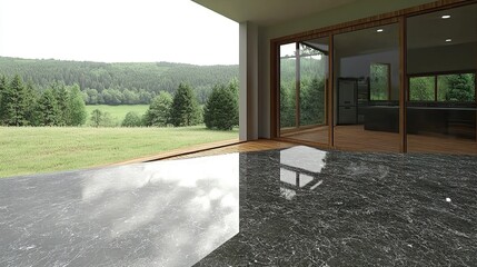 Modern house patio, mountain view, kitchen glimpse, reflective surface