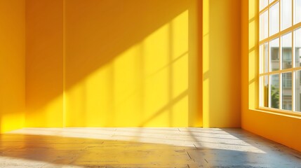 Fototapeta premium Empty room with yellow walls and floor and window with sunlight. 3d rendering