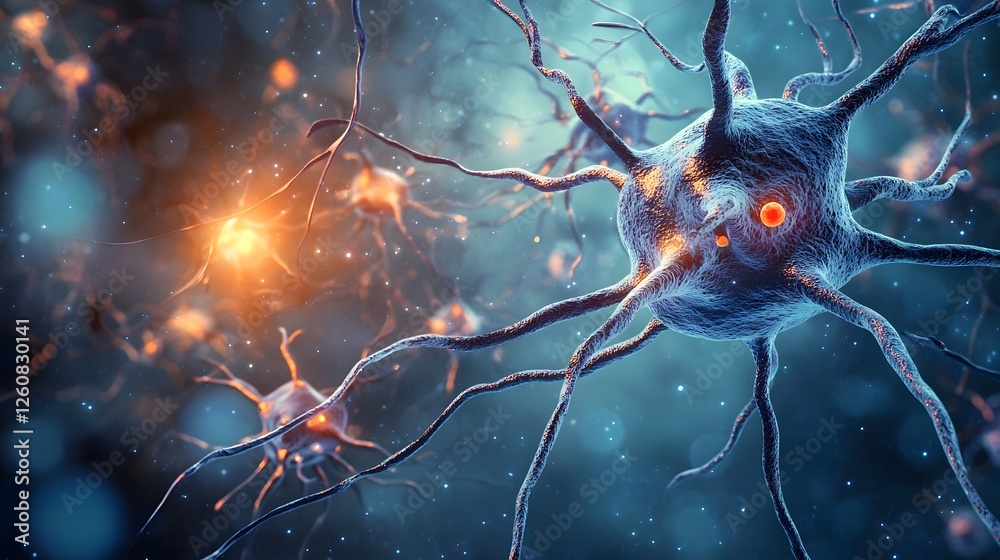 Fototapete dramatic visualization of glowing neurons transmitting electrical signals and impulses in a futurist