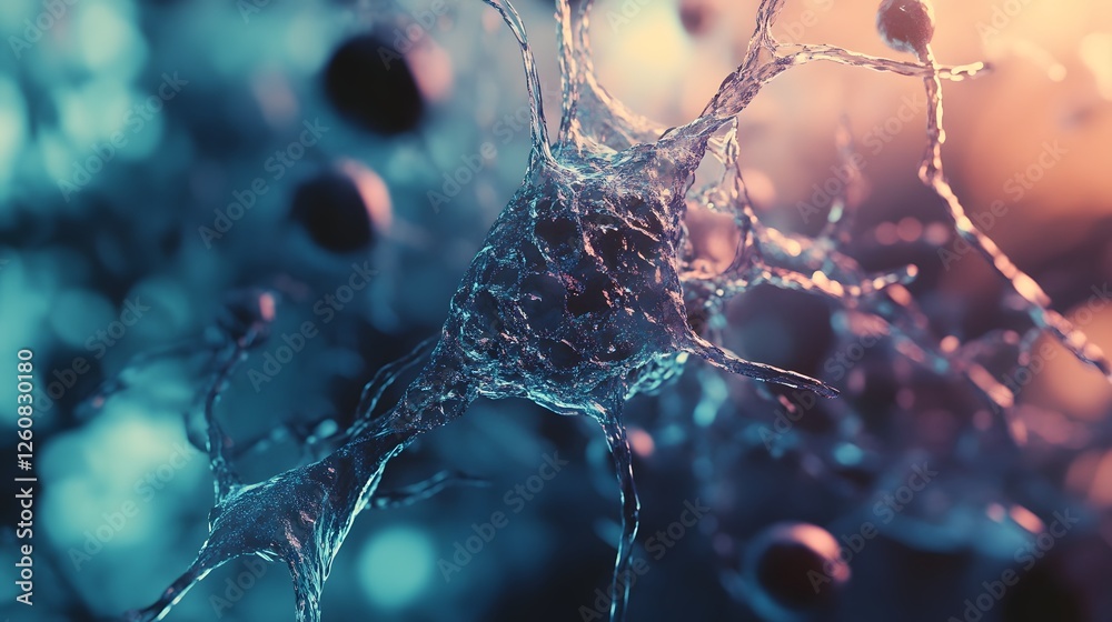 Poster Dynamic digital liquid flows and splashing droplets against an abstract network or computer chip like structure creating a futuristic technology driven visual effect