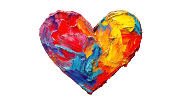 Colorful impasto heart painting celebrating love and creativity on transparent background - Powered by Adobe
