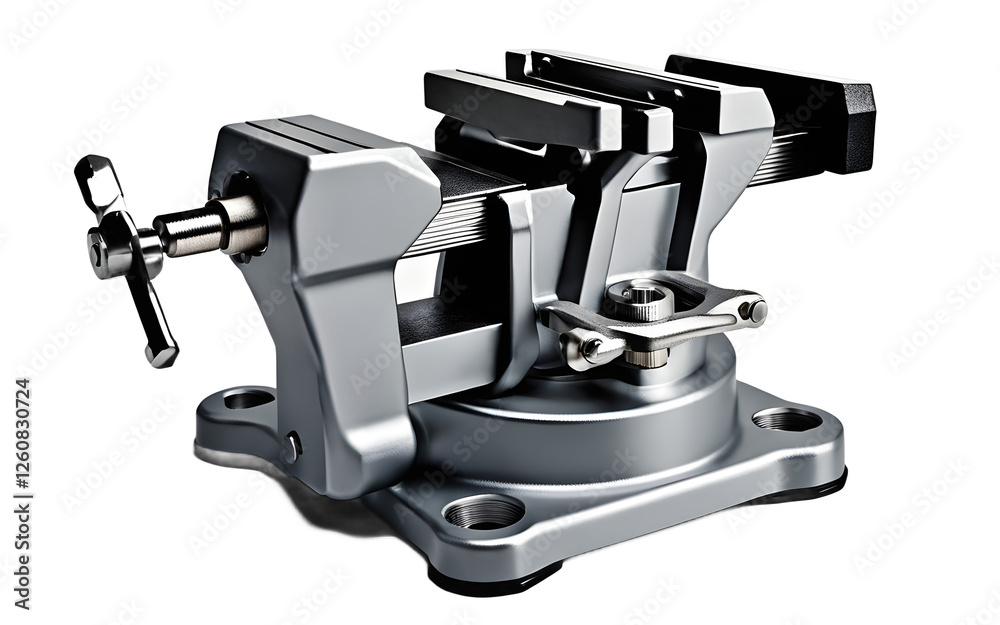 Aufkleber a strong metal vise with a rotating base, isolated on a empty plain background